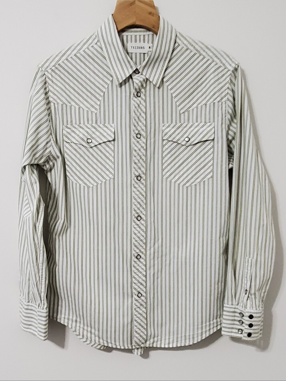 Tecovas Men's White & Olive Striped Western Shirt Size Medium